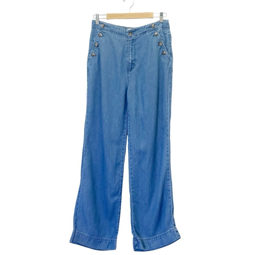 Sundance Oaklee Wide Leg Pants Lyocell Chambray Sailor Button High Rise Size 8 - Picture 2 of 13